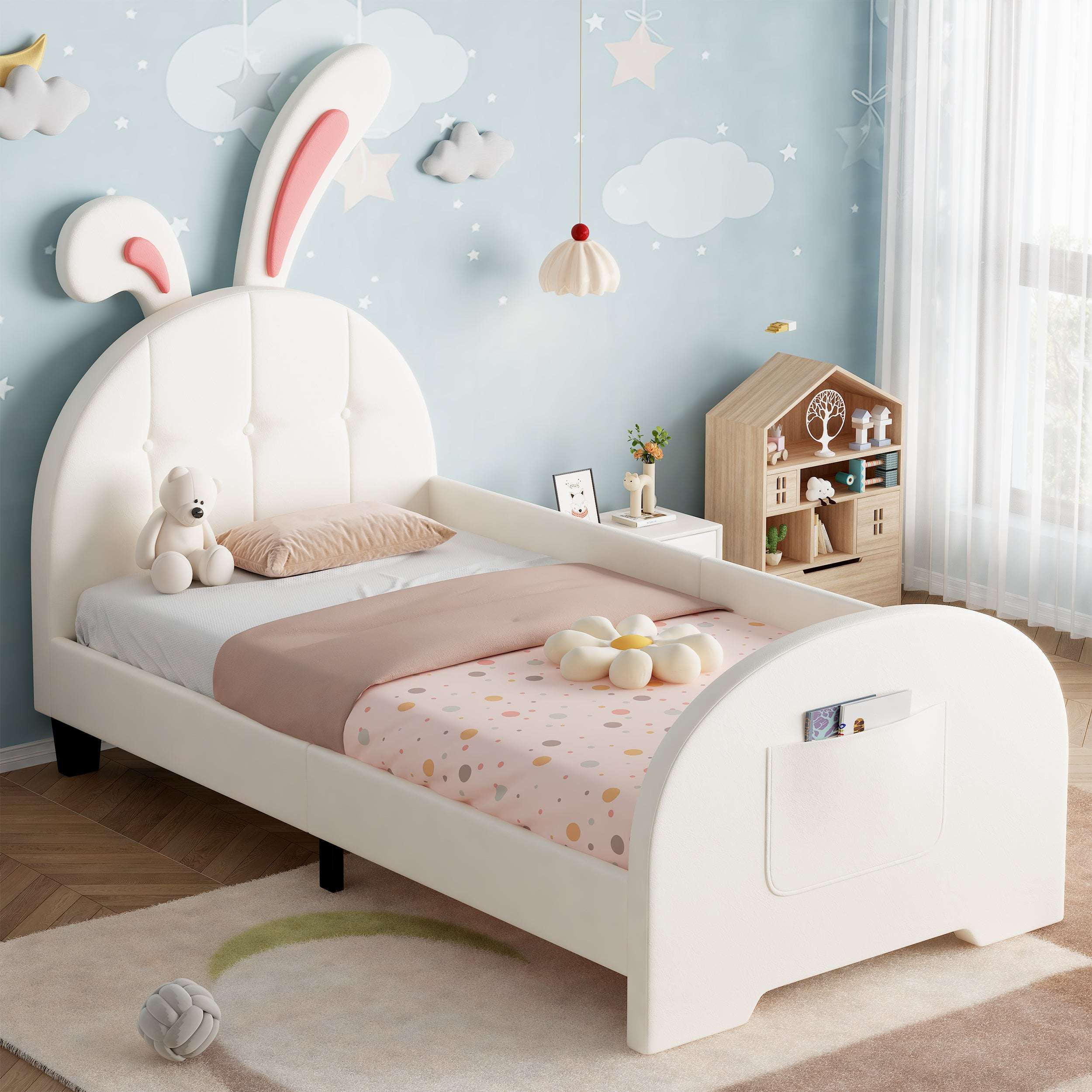 Cream Rabbit Single Bed | Bunny Ear Headboard & Footboard Pocket | Premium Home Decor | OFIA HOME