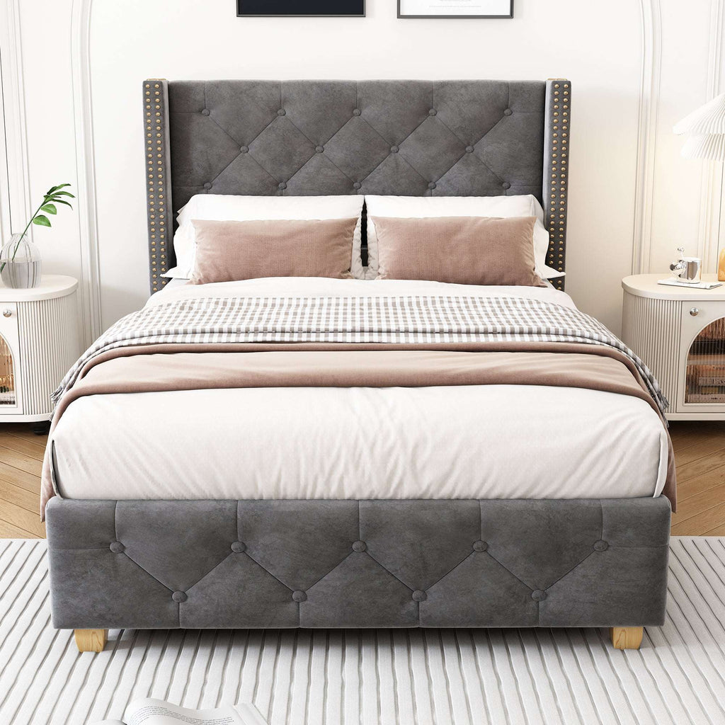 Grey Velvet Single Bed | Button & Rivet Headboard | Wooden Legs | Premium Home Decor | OFIA HOME
