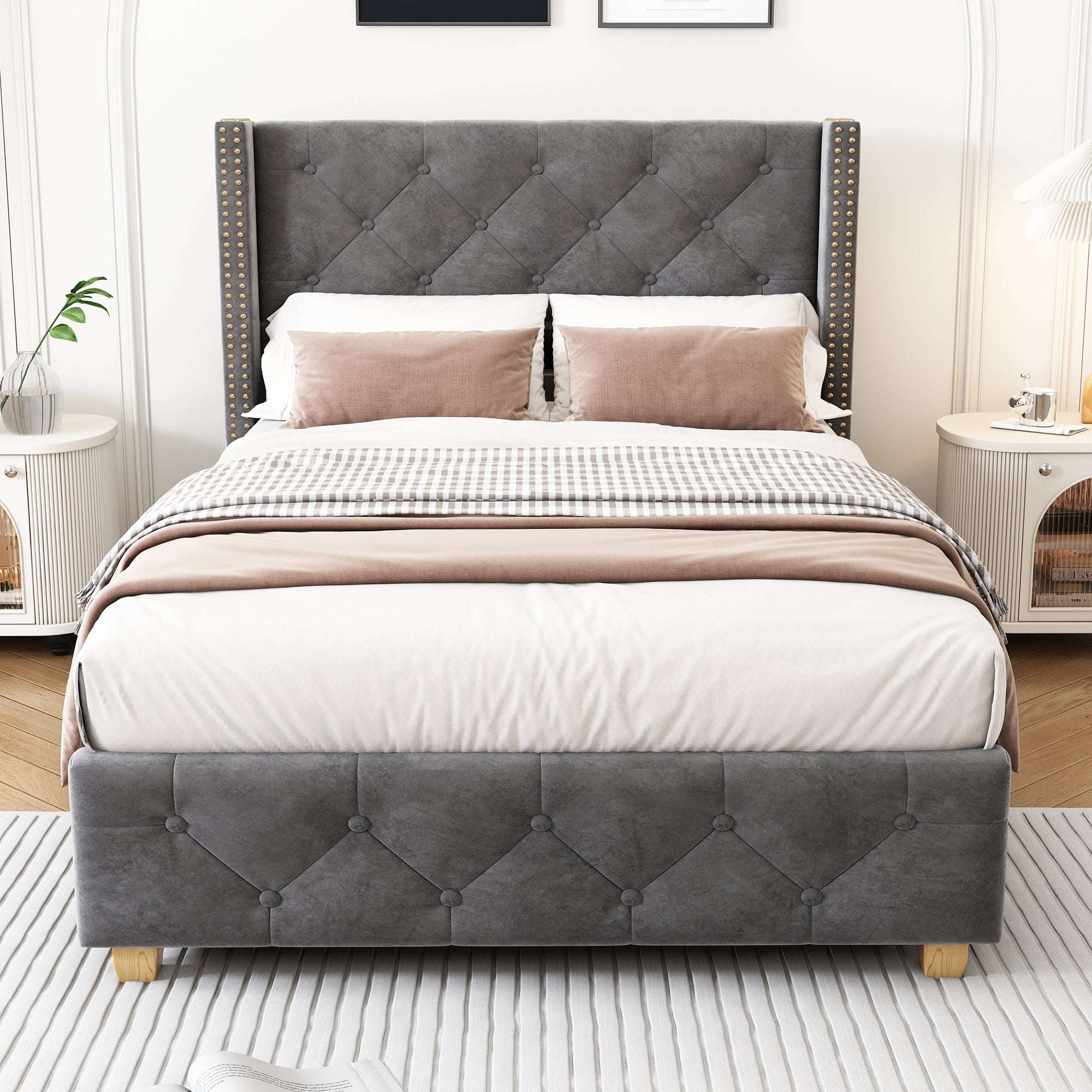 Grey Velvet Single Bed | Button & Rivet Headboard | Wooden Legs | Premium Home Decor | OFIA HOME