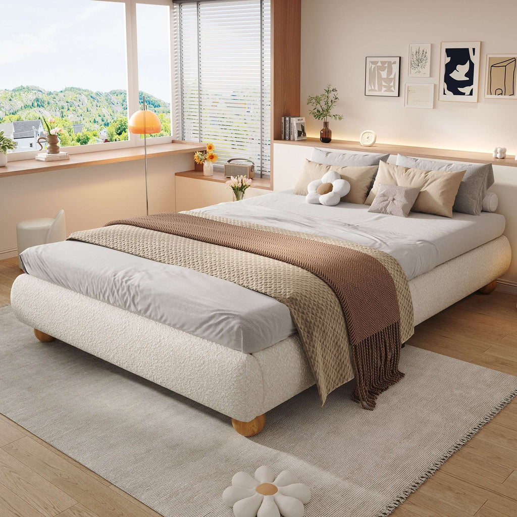 Boucle Upholstered Double Bed — Beige | Premium Home Decor | OFIA HOME