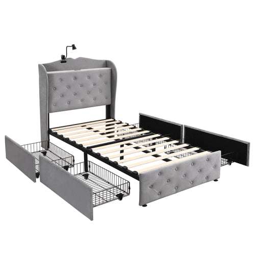 Velvet Storage Single Bed with Drawers & USB Ports — Grey | Premium Home Decor | OFIA HOME