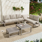 5-6 Seater Reclining Garden Lounge Set | 6-Piece Galvanized Steel Patio Furniture | Beige & Khaki | 2 WPC Tables | Premium Home Decor | OFIA HOME