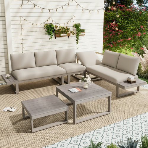 5-6 Seater Reclining Garden Lounge Set | 6-Piece Galvanized Steel Patio Furniture | Beige & Khaki | 2 WPC Tables | Premium Home Decor | OFIA HOME