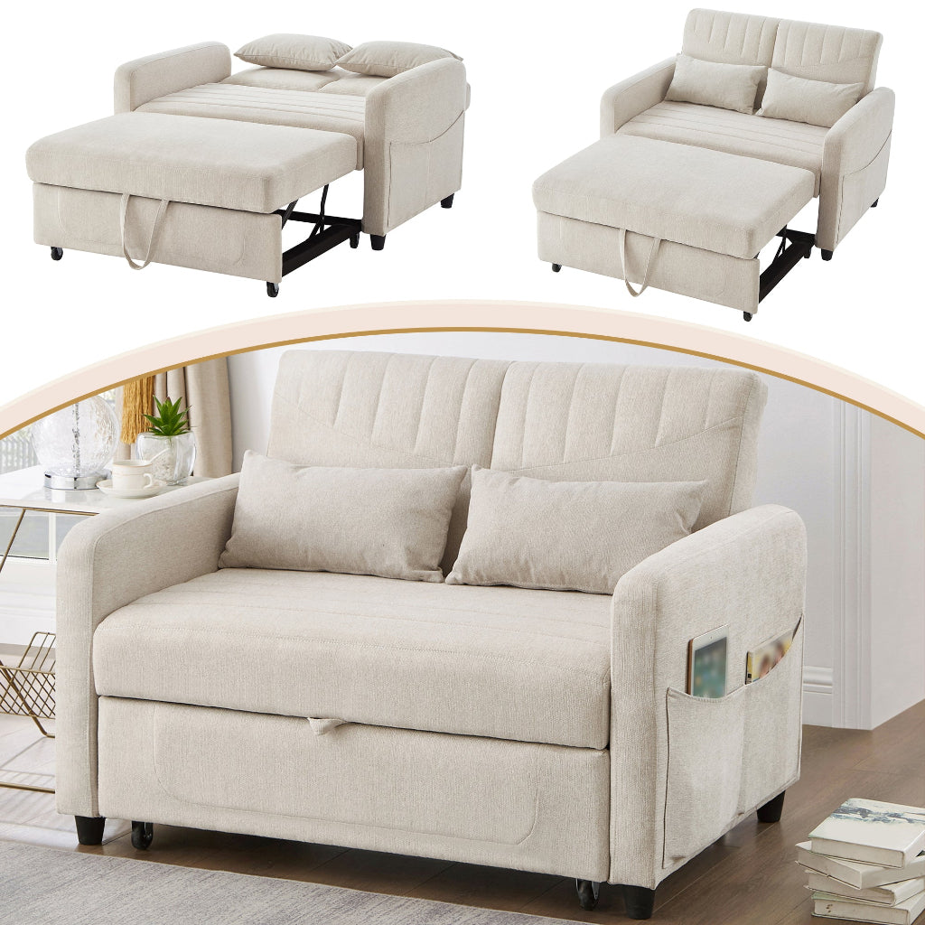 Beige Cotton-Linen 2 Seater Sofa Bed | Pull-Out Design & 3-Level Adjustable Backrest | Premium Home Decor | OFIA HOME