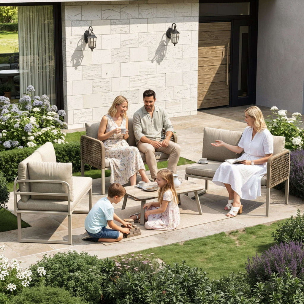 Beige L-Shaped Garden Sofa Set | 5-6 Seater | Rope Weave & Glass Table | OFIA HOME | Premium Home Decor | OFIA HOME