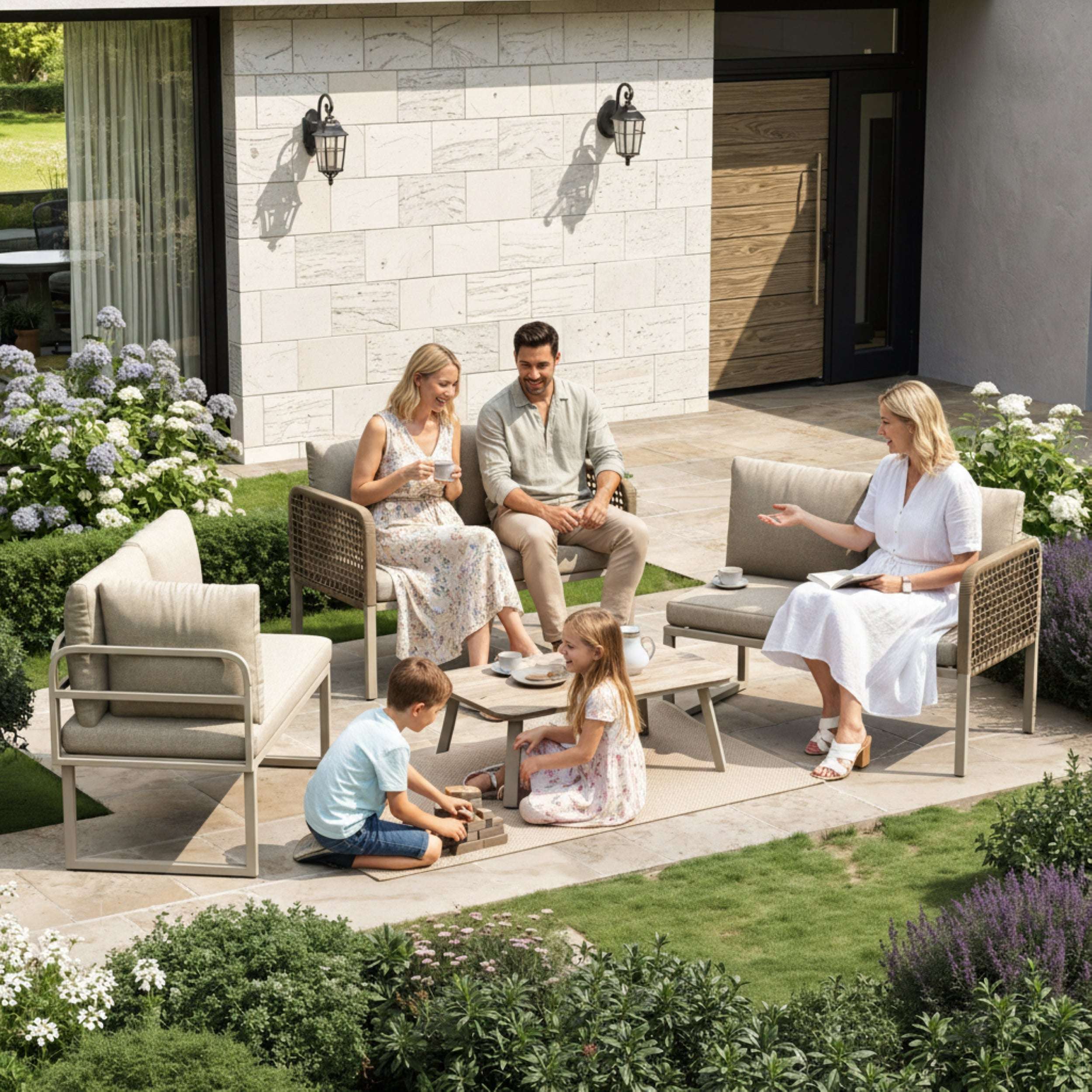 Beige L-Shaped Garden Sofa Set | 5-6 Seater | Rope Weave & Glass Table | OFIA HOME | Premium Home Decor | OFIA HOME