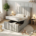 Children's Single Bed | Grey Linen Upholstered Headboard & Hydraulic Storage | 3ft 90x190cm | Premium Home Decor | OFIA HOME
