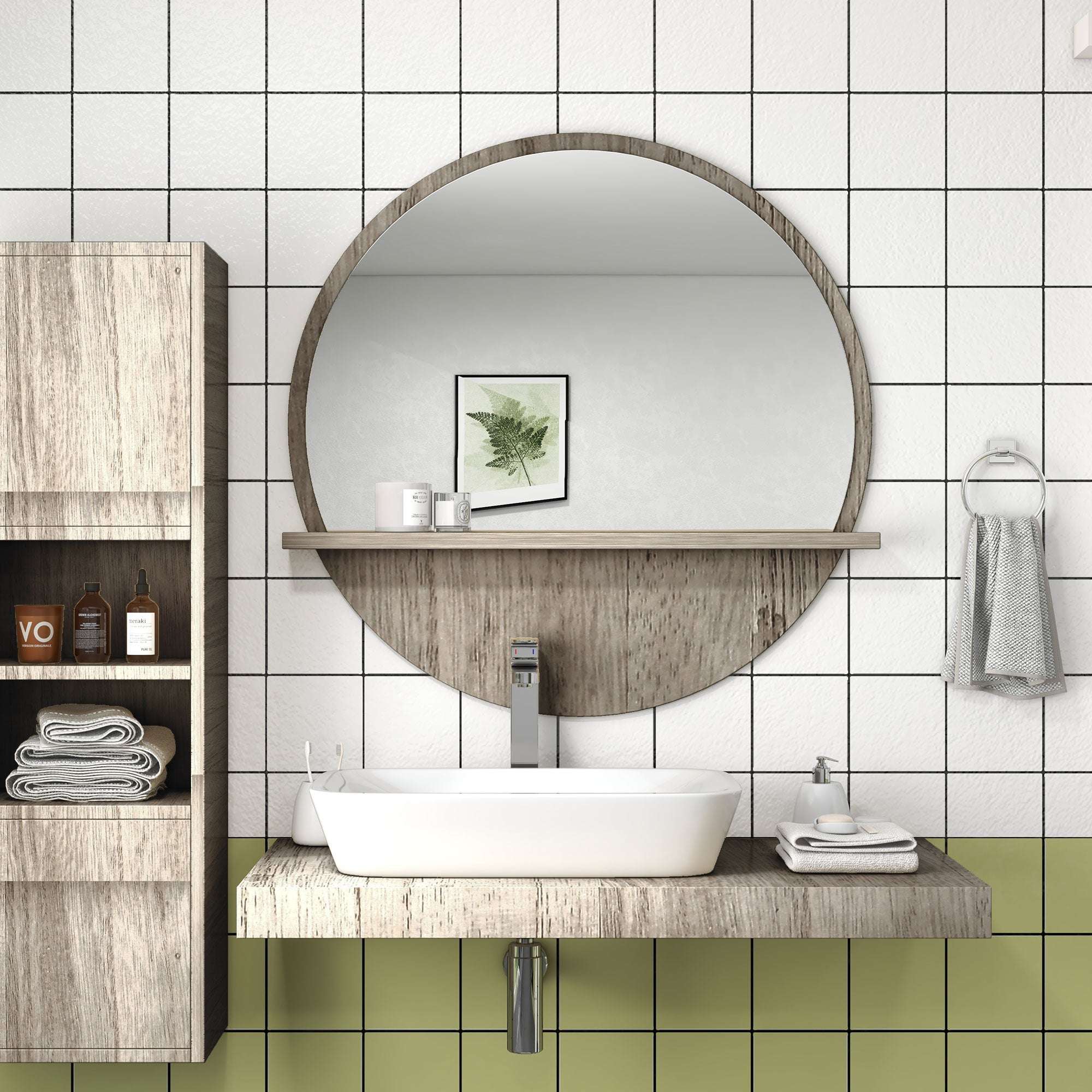 Kleankin 45cm Round Home Mirror, With Shelf - Grey Wood-Effect | Premium Home Decor | OFIA HOME