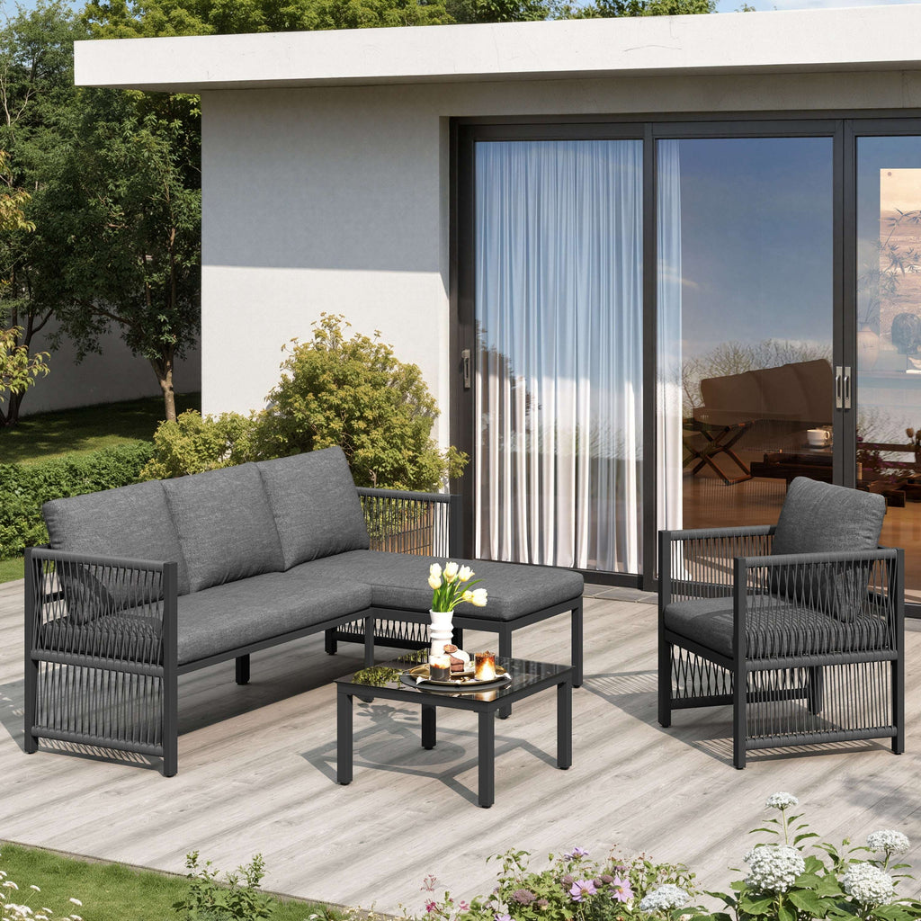 Grey 4-5 Seater Modular Patio Sofa Set | Polyester Rope, Tempered Glass Table & Weatherproof Cushions | Premium Home Decor | OFIA HOME