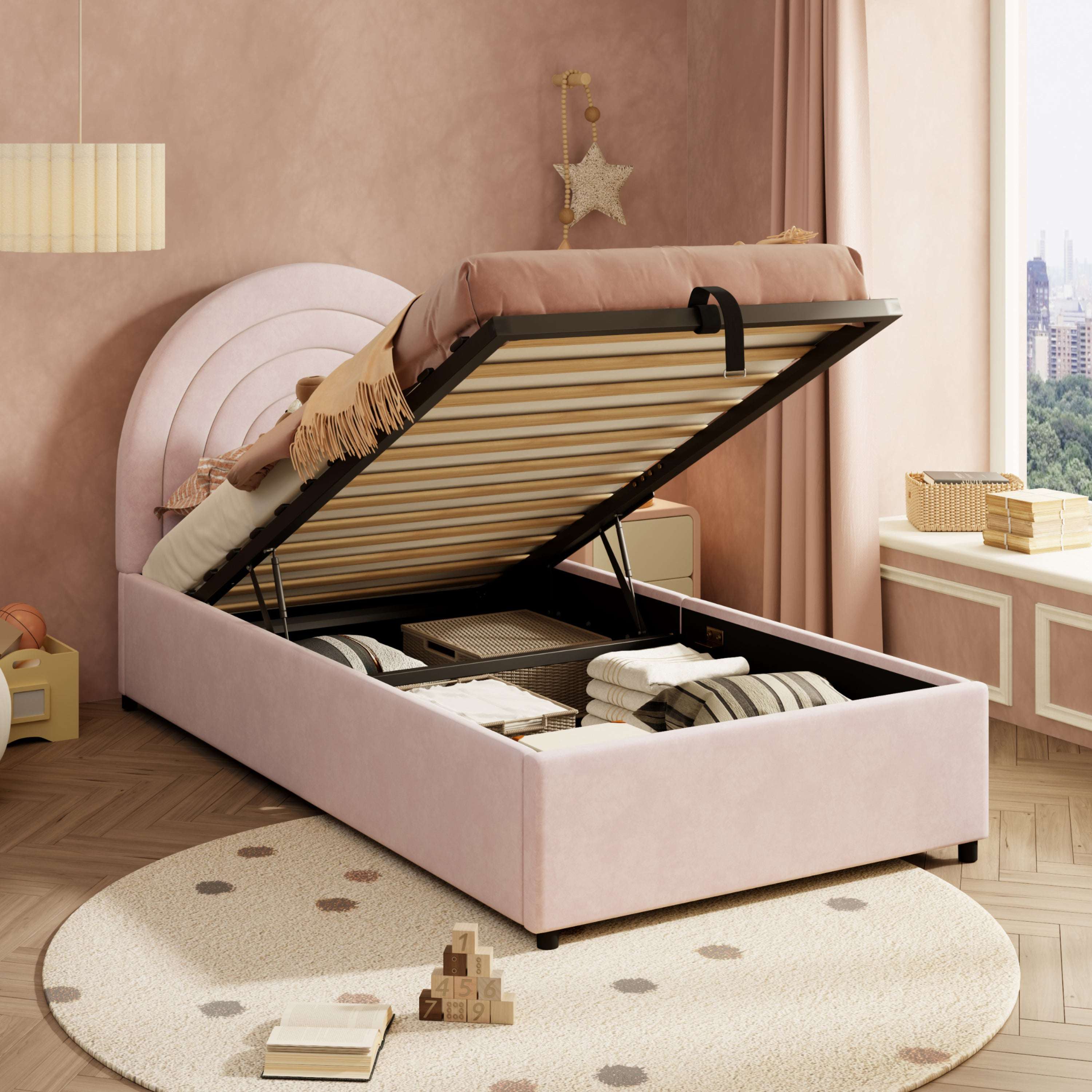 Children's Single Bed | Pink Velvet Upholstered | Slatted Frame & Headboard | 3ft 90x190cm | Premium Home Decor | OFIA HOME