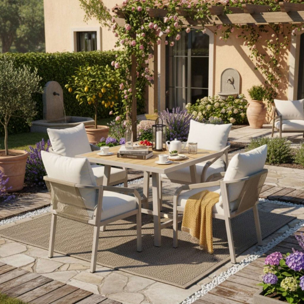 4 Seater Garden Dining Set | Rope Woven Chairs & Plastic Wood Table | Umbrella Hole | Beige | Premium Home Decor | OFIA HOME