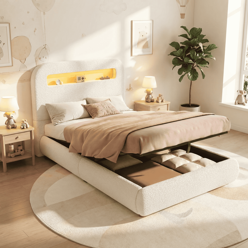 Children's Single Bed | Boucle Upholstered with LED Lighting & Hydraulic Storage | 3ft 90x190cm | White | Premium Home Decor | OFIA HOME