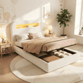Children's Single Bed | Boucle Upholstered with LED Lighting & Hydraulic Storage | 3ft 90x190cm | White | Premium Home Decor | OFIA HOME