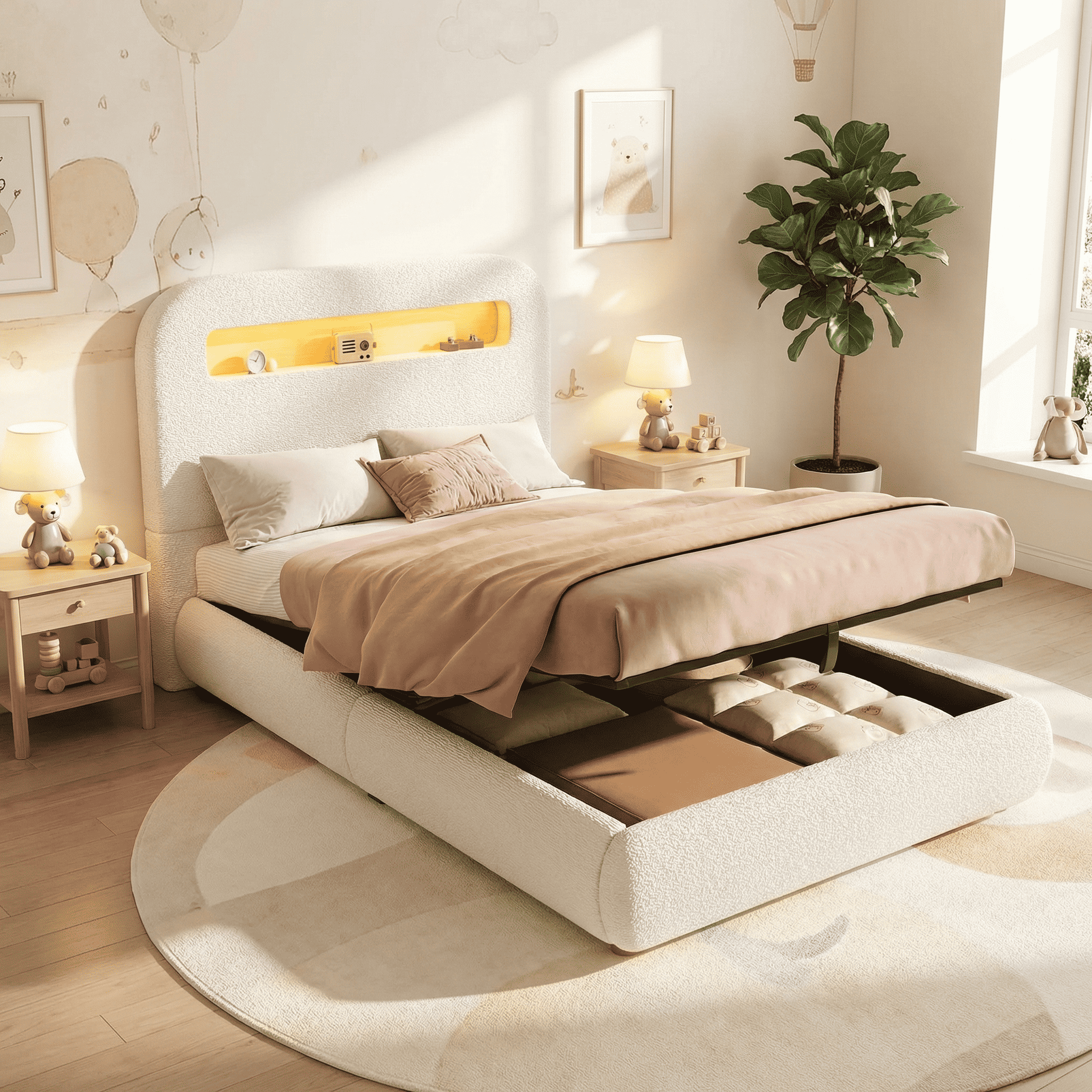 Children's Single Bed | Boucle Upholstered with LED Lighting & Hydraulic Storage | 3ft 90x190cm | White | Premium Home Decor | OFIA HOME
