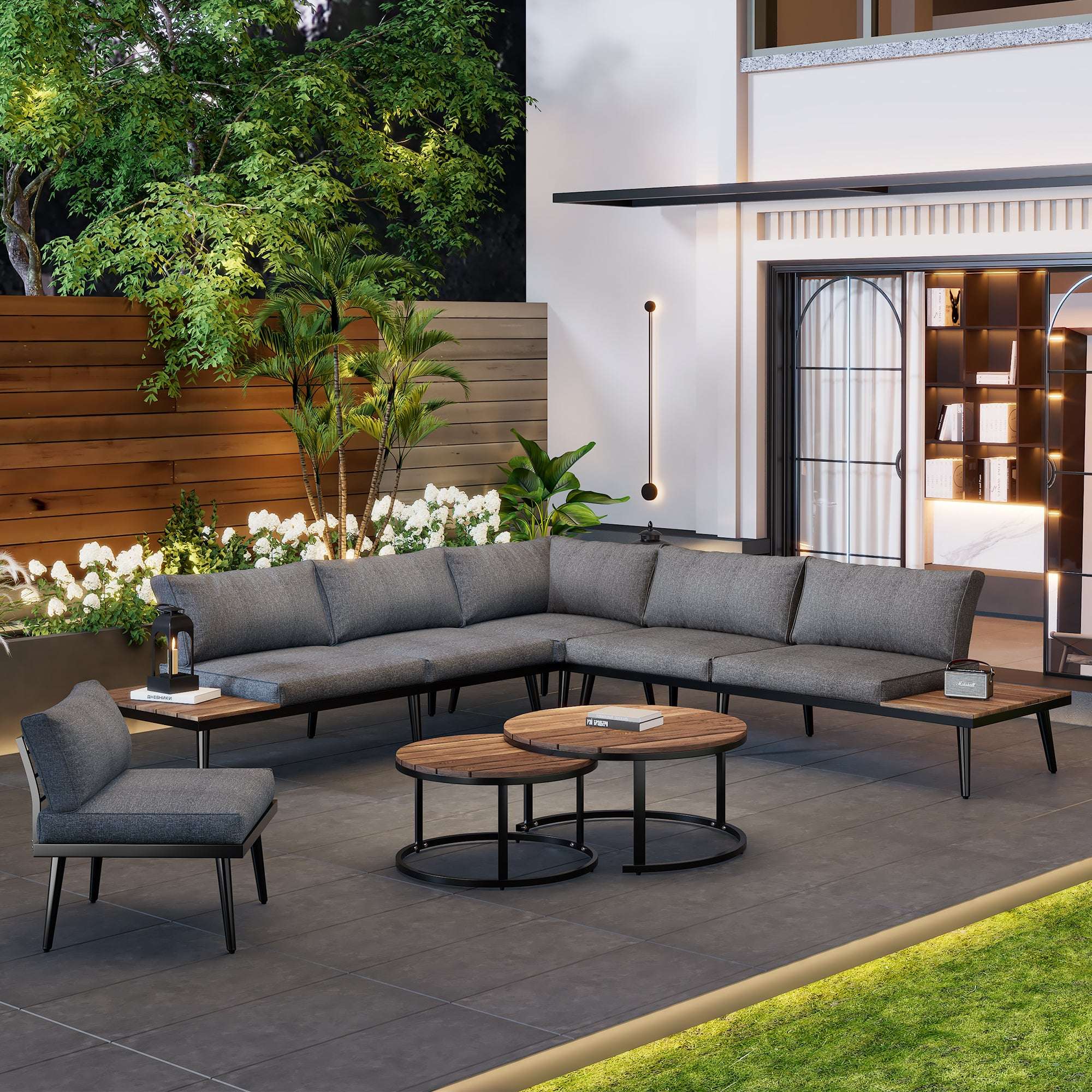 Modular Outdoor Sofa Set | Galvanized Iron Frame, Washable Cushions & Acacia Wood Tables | Premium Home Decor | OFIA HOME
