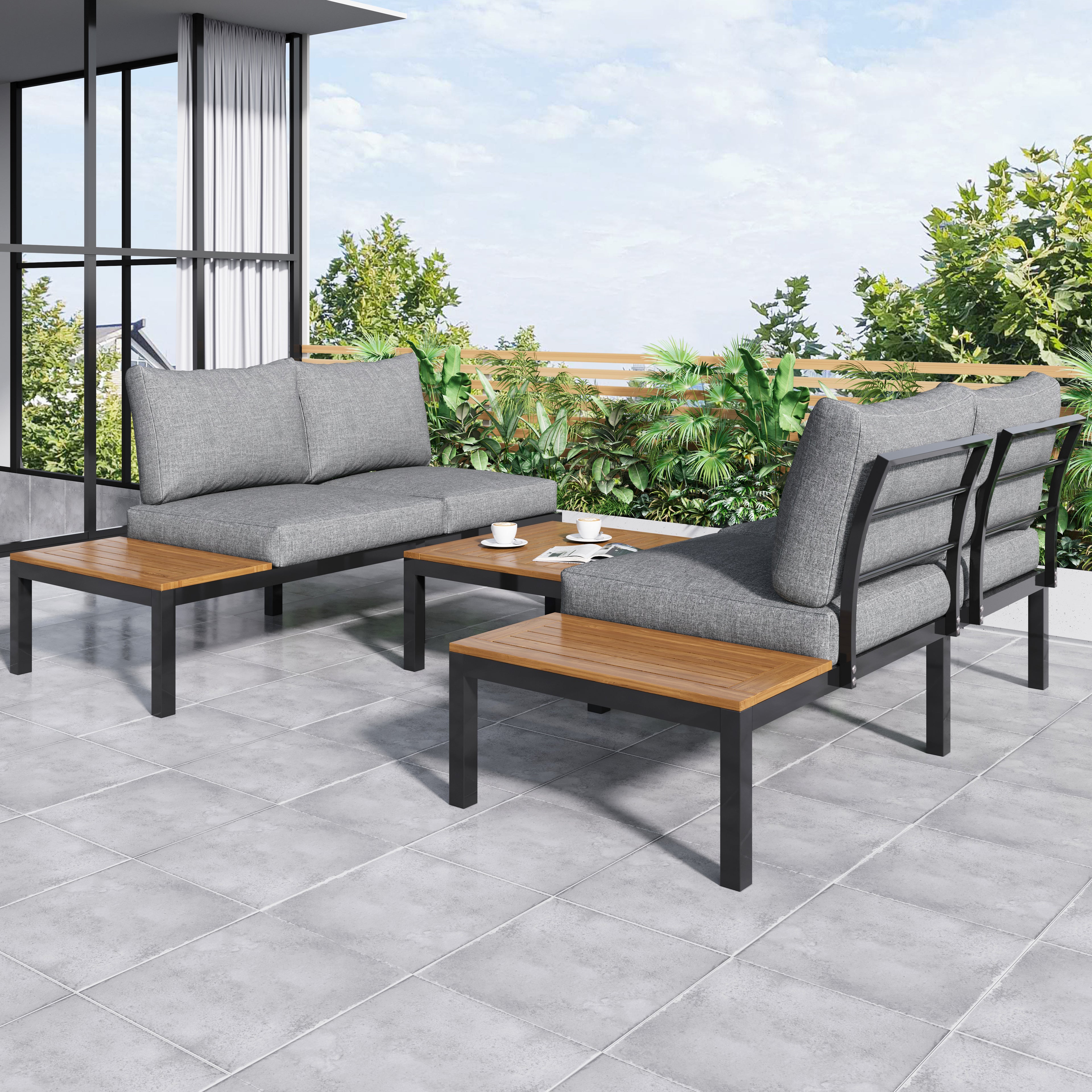 Grey L-Shaped Corner Garden Sofa Set for 4 | Thick Cushions, Wooden Table & Weather-Resistant Frame | Premium Home Decor | OFIA HOME