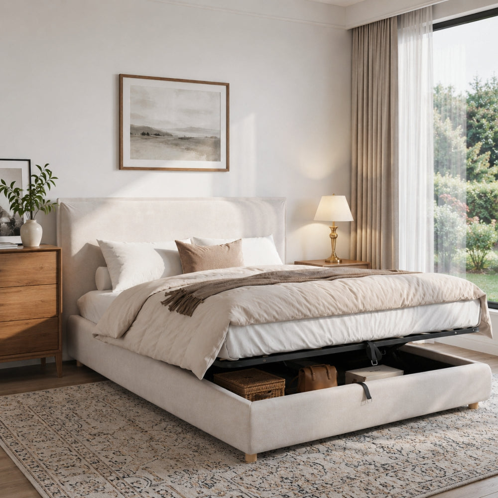 Cream Velvet Super King Ottoman Bed | Hydraulic Storage | 6ft | Premium Home Decor | OFIA HOME