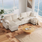 Beige Corduroy U-Shape Sectional Sofa | USB Charging | 4 Seater | Premium Home Decor | OFIA HOME