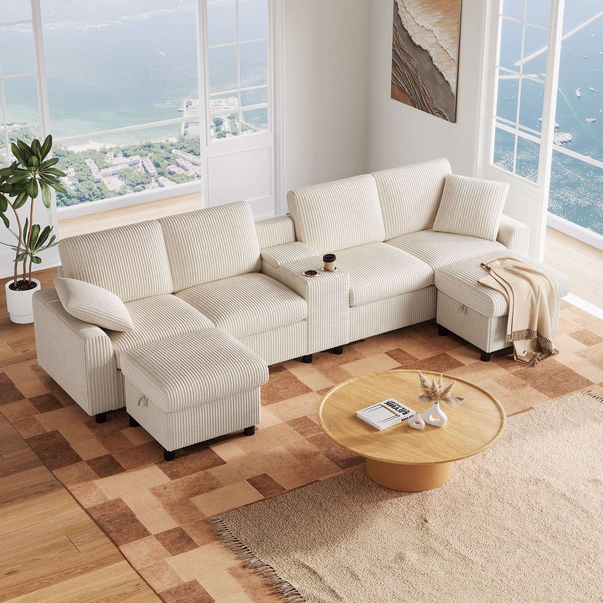 Beige Corduroy U-Shape Sectional Sofa | USB Charging | 4 Seater | Premium Home Decor | OFIA HOME