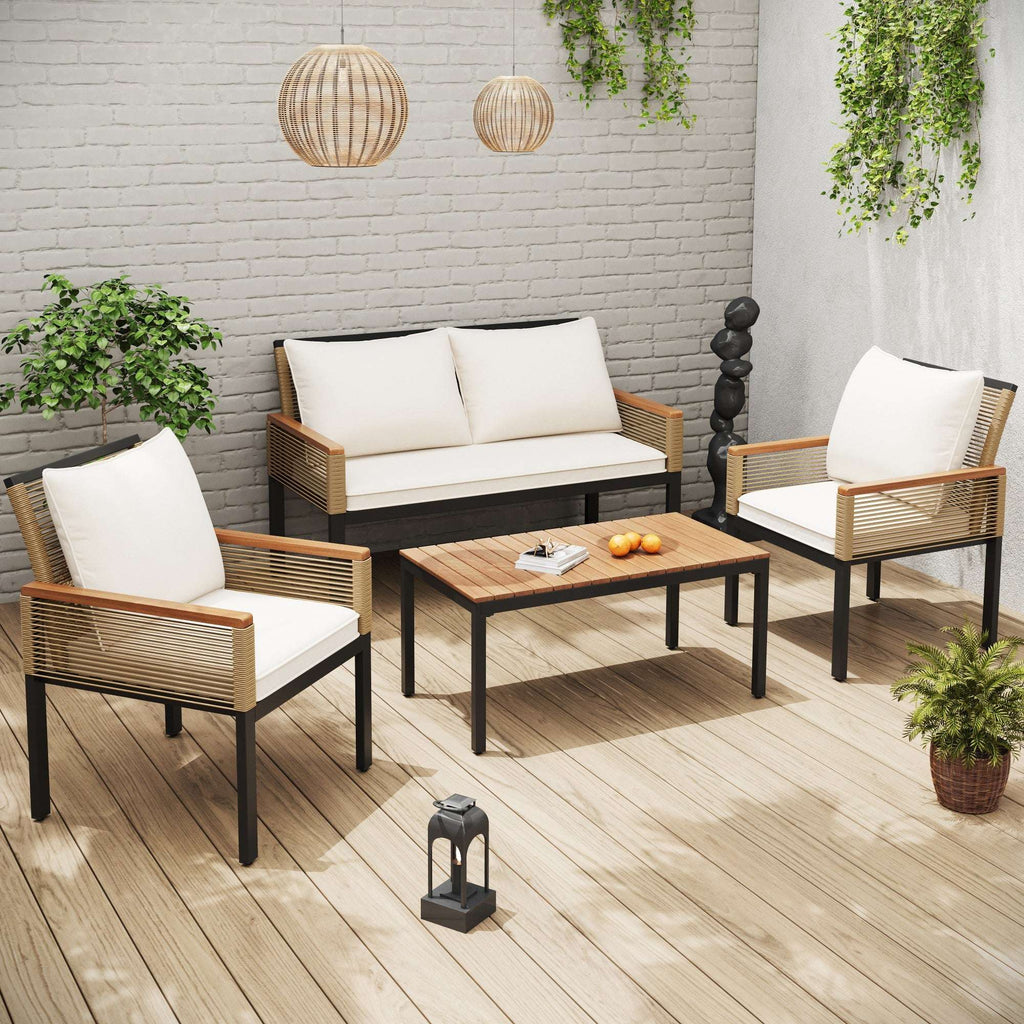 Beige Rattan Garden Lounge Set | Double Sofa, 2 Armchairs & Table | Cushions Included | Premium Home Decor | OFIA HOME