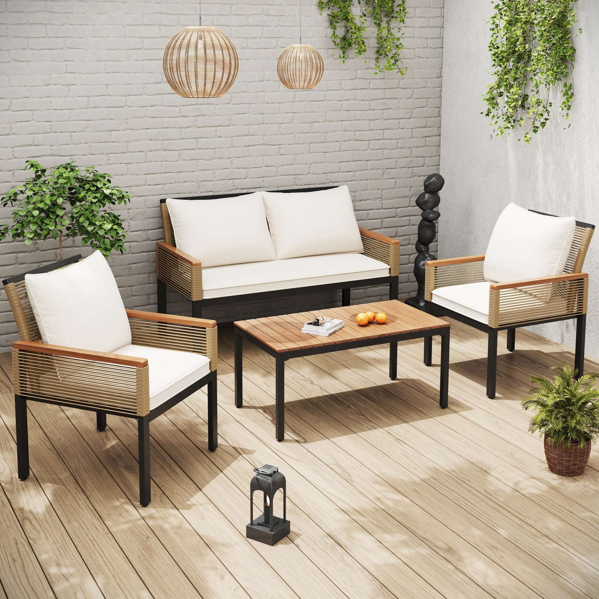 Beige Rattan Garden Lounge Set | Double Sofa, 2 Armchairs & Table | Cushions Included | Premium Home Decor | OFIA HOME