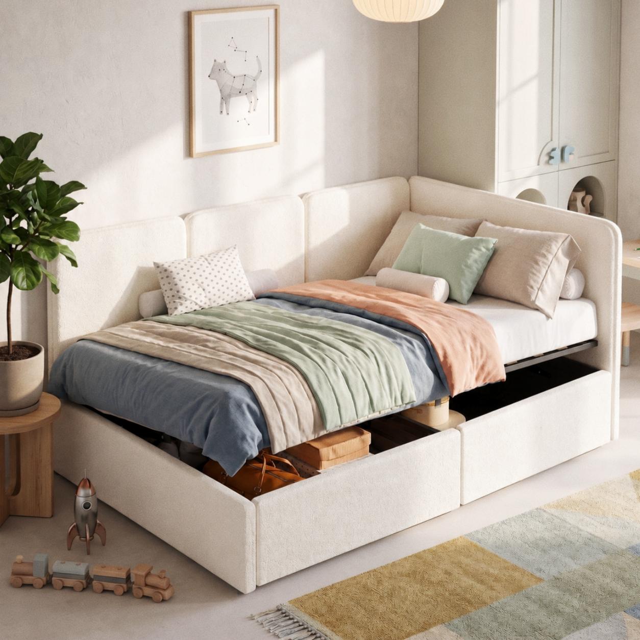Beige Bouclé Single Ottoman Daybed with Storage | 3ft Chaise | Premium Home Decor | OFIA HOME