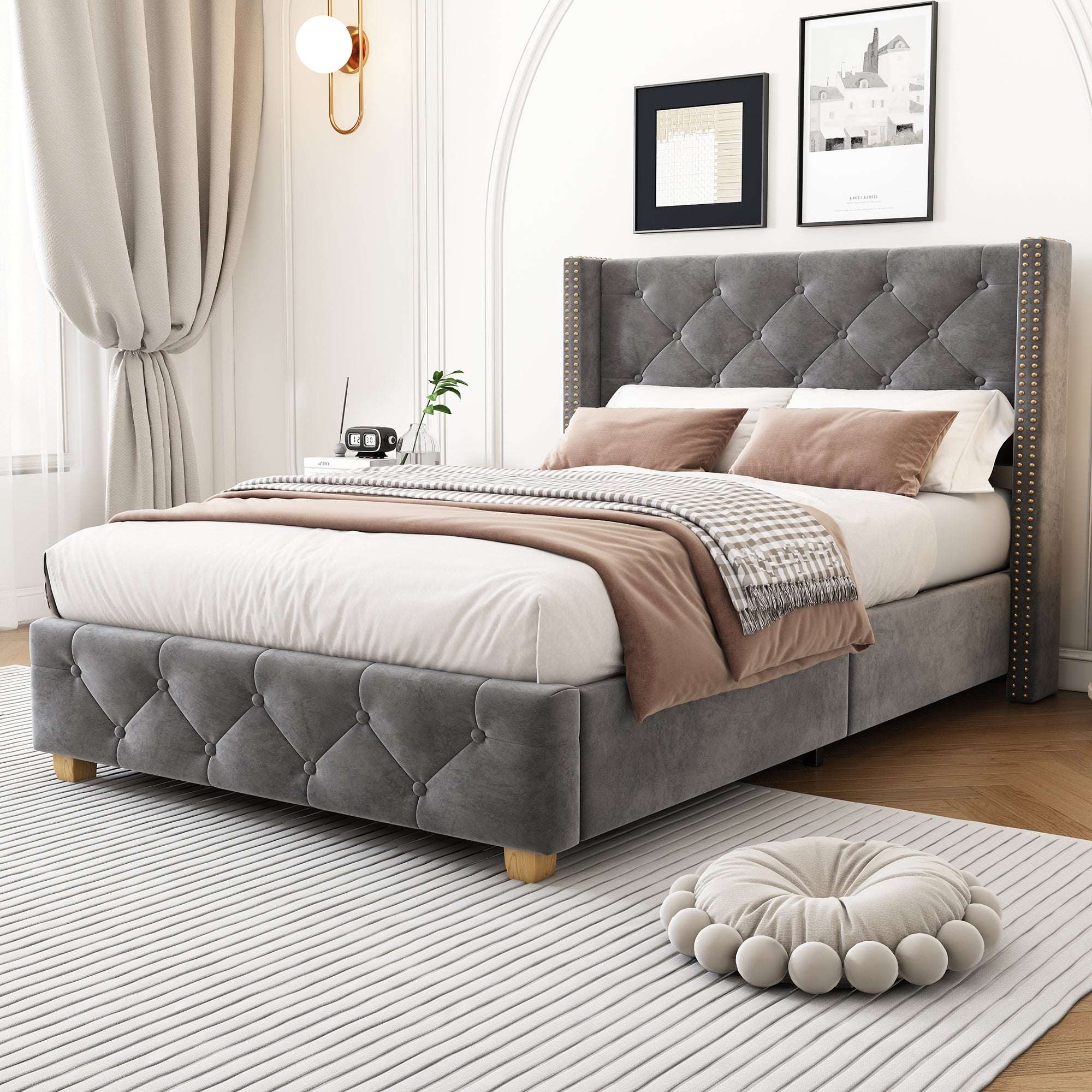 Grey Velvet Single Bed | Button & Rivet Headboard | Wooden Legs | Premium Home Decor | OFIA HOME