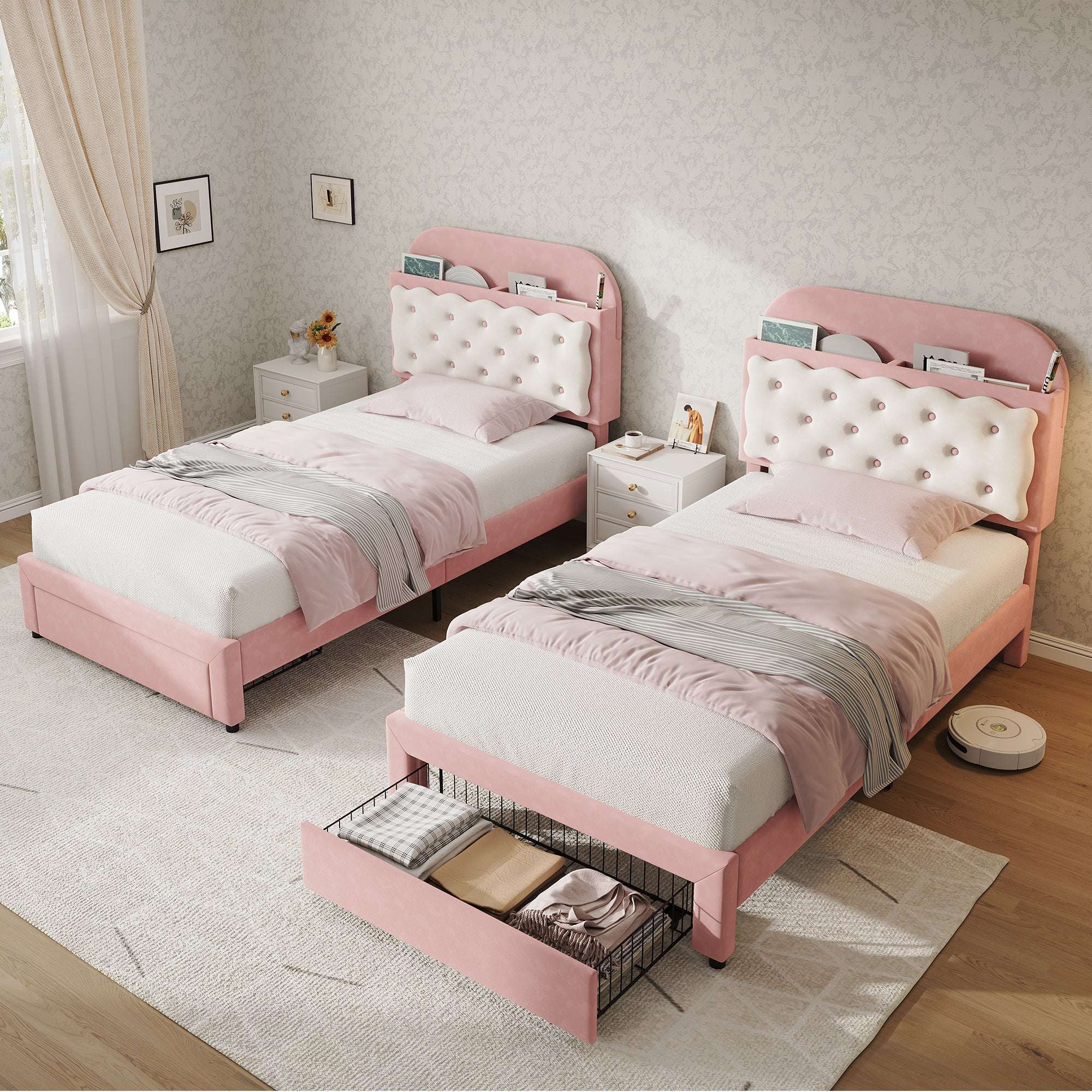 Velvet Single Bed Frame | Cookie Headboard, Storage Drawer | Cream & Pink | 3ft | Premium Home Decor | OFIA HOME