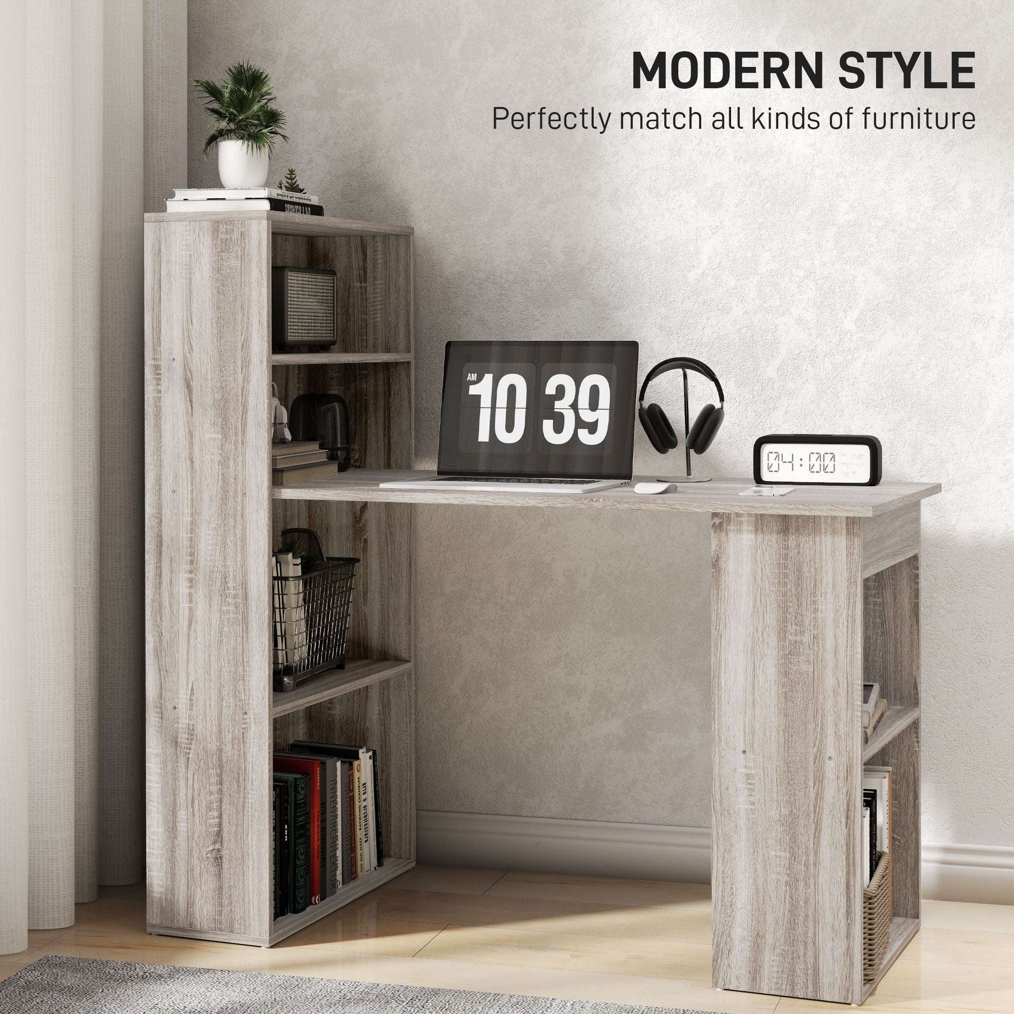 Grey Computer Desk with 6-Tier Bookshelf | 120cm Home Office Writing Workstation | Premium Home Decor | OFIA HOME