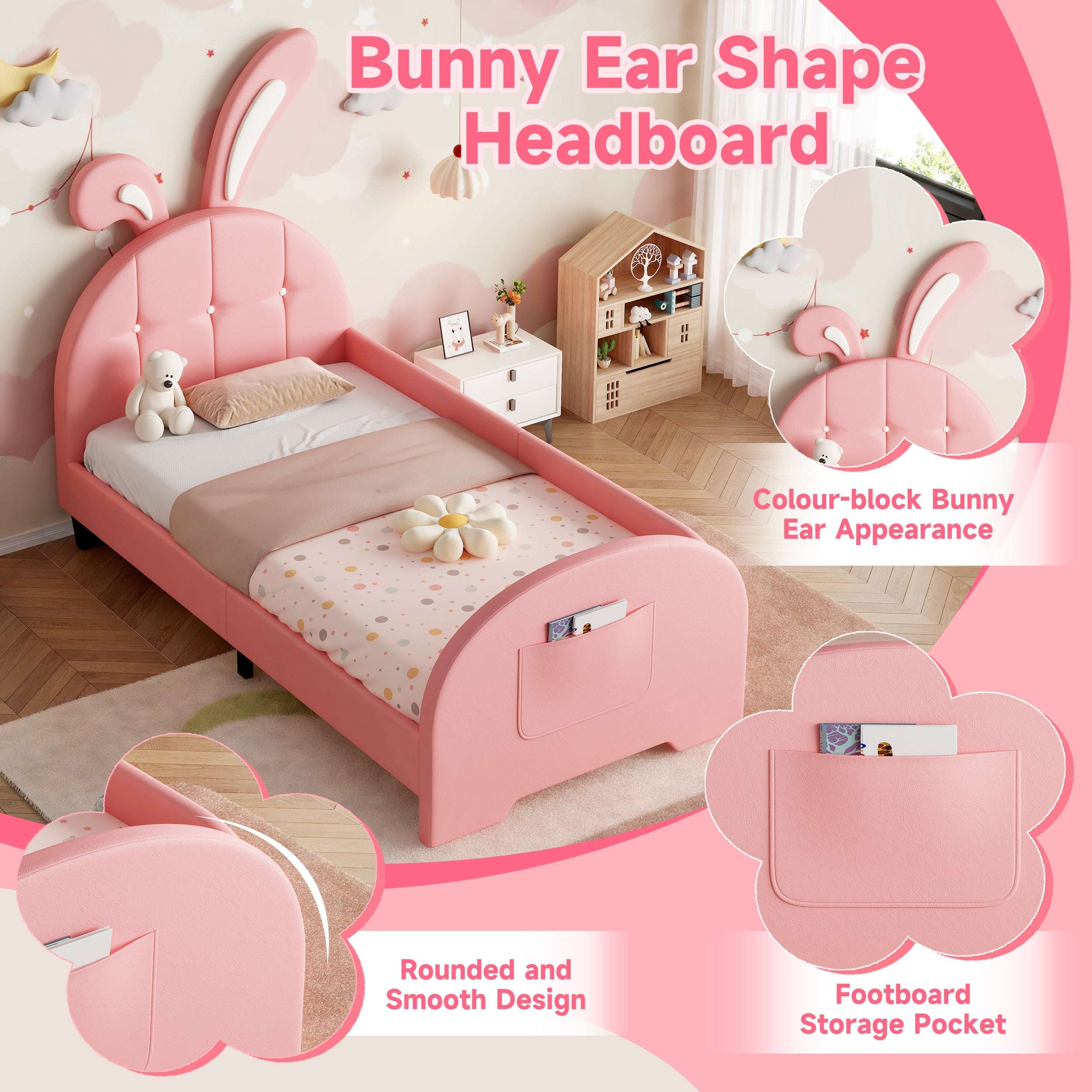 Pink Rabbit Single Bed | Bunny Ear Headboard & Footboard Pocket | Premium Home Decor | OFIA HOME