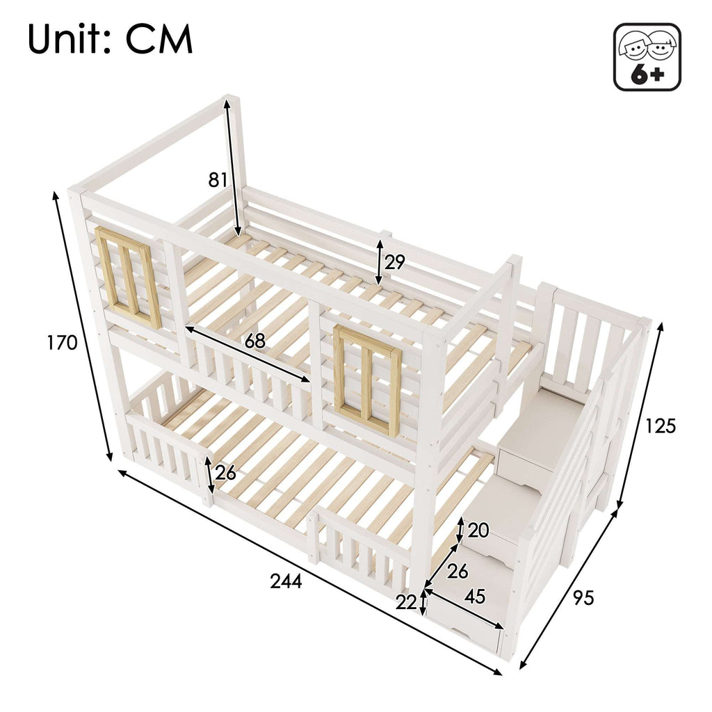 Children's House Bunk Bed | Solid Wood with Staircase Storage | Twin Sleeper 3ft | White | Premium Home Decor | OFIA HOME