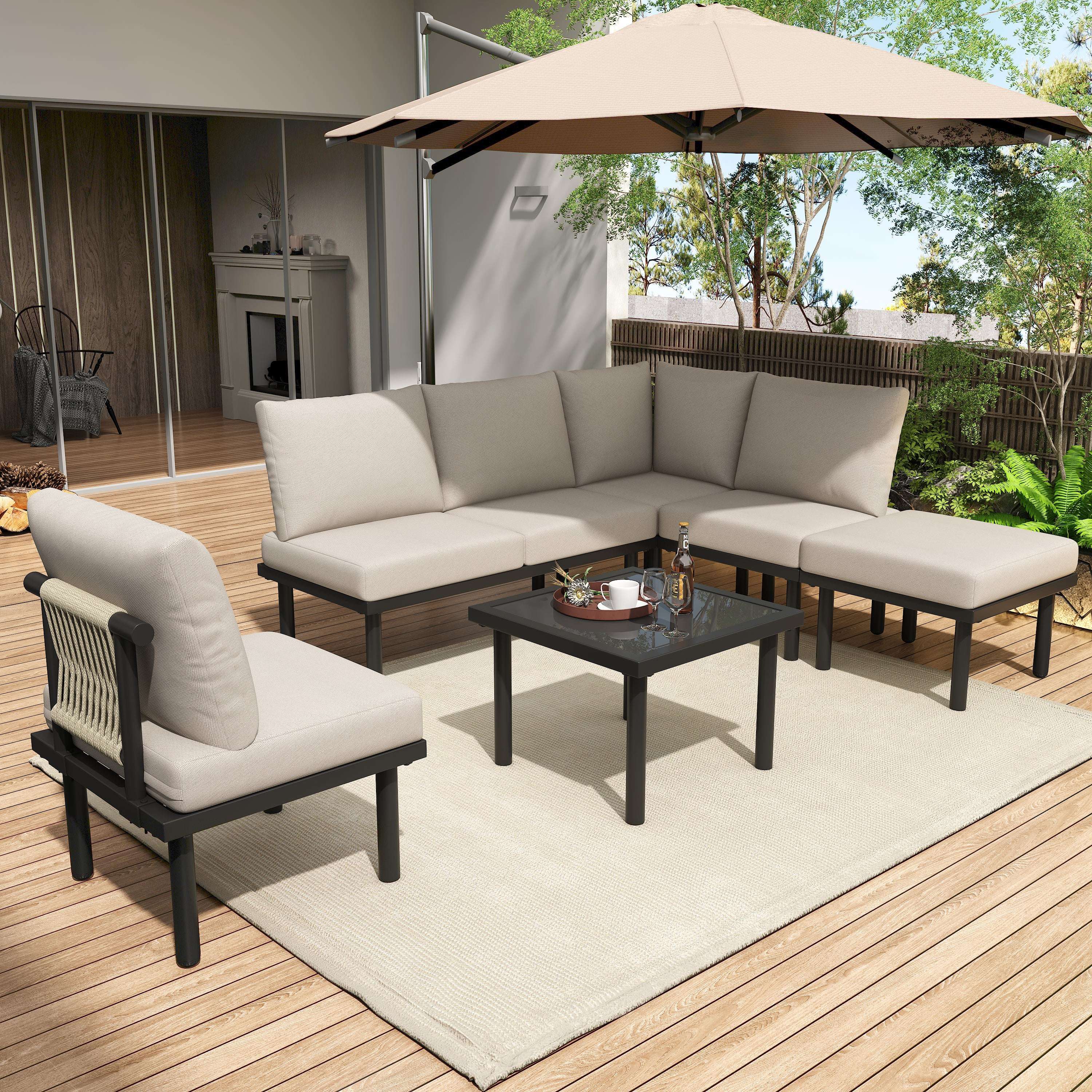 Beige Rope Garden Lounge Set | 6-Seater with Galvanized Frame, Glass Table & Cushions | Premium Home Decor | OFIA HOME