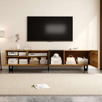 Retro Wood Grain Colourblock TV Cabinet – 3 Doors, U-Shaped Metal Legs | Premium Home Decor | OFIA HOME