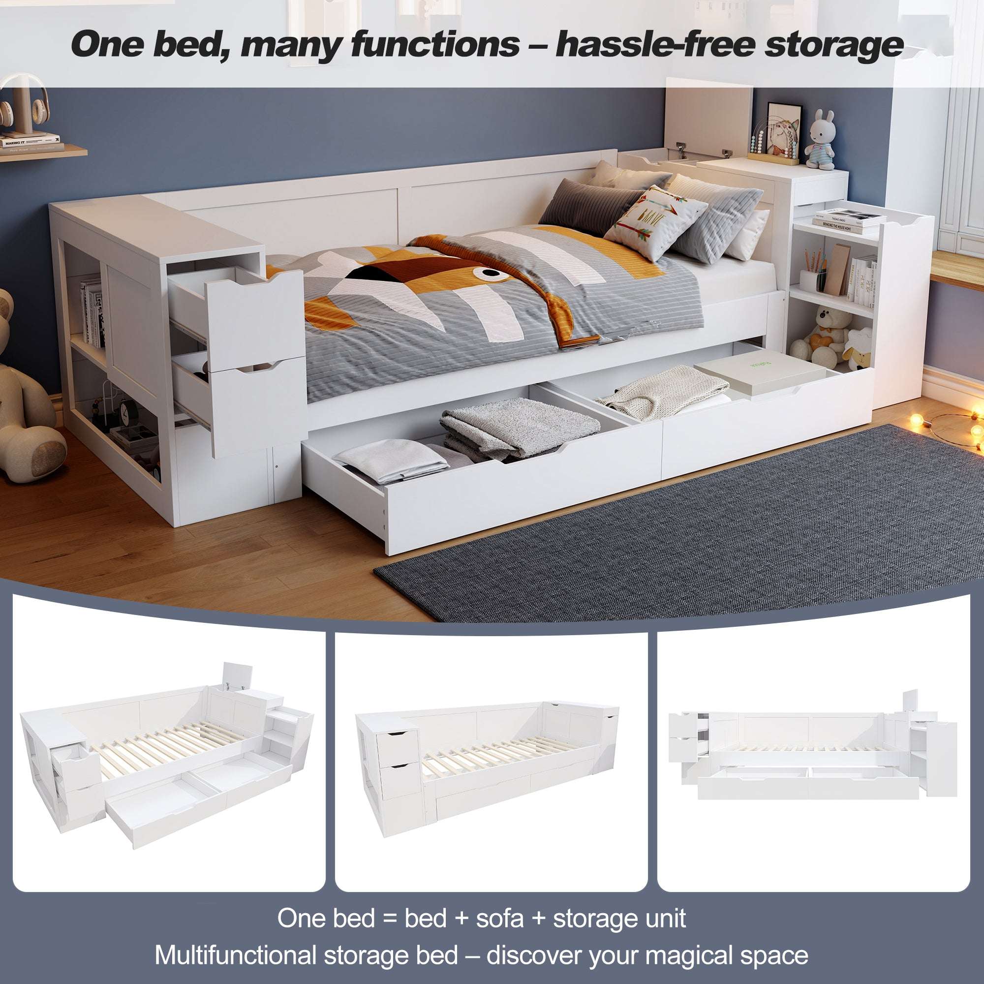 White Children's Daybed | Storage Drawers, Shelves & Bedside | 3ft | Premium Home Decor | OFIA HOME