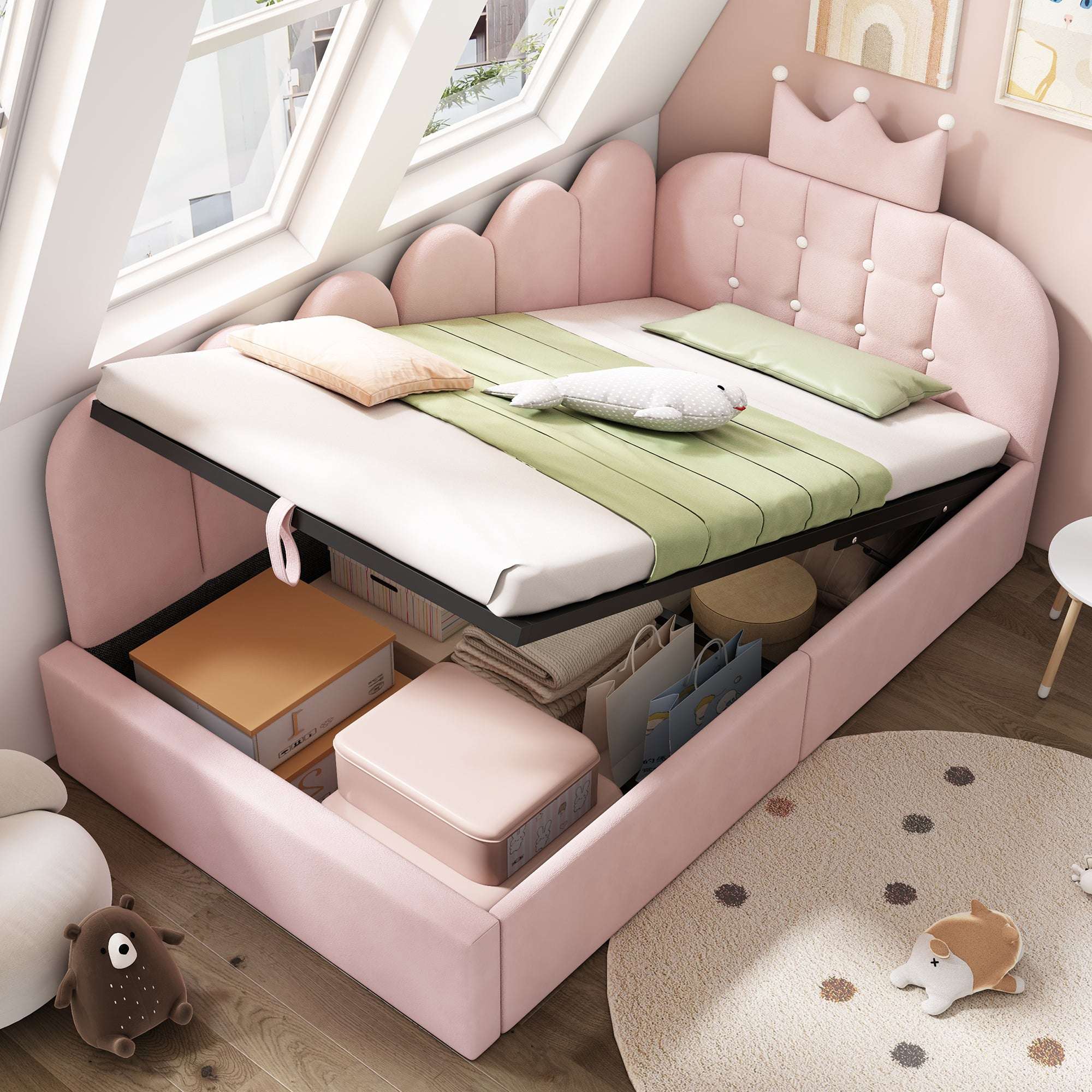 Crown Velvet Daybed with Hydraulic Storage | Single Sofa Bed 3ft 90x190cm | Children & Adults | Premium Home Decor | OFIA HOME