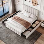 Beige Velvet Double Bed | 4 Storage Drawers & Tufted Headboard | 4ft6 | Premium Home Decor | OFIA HOME