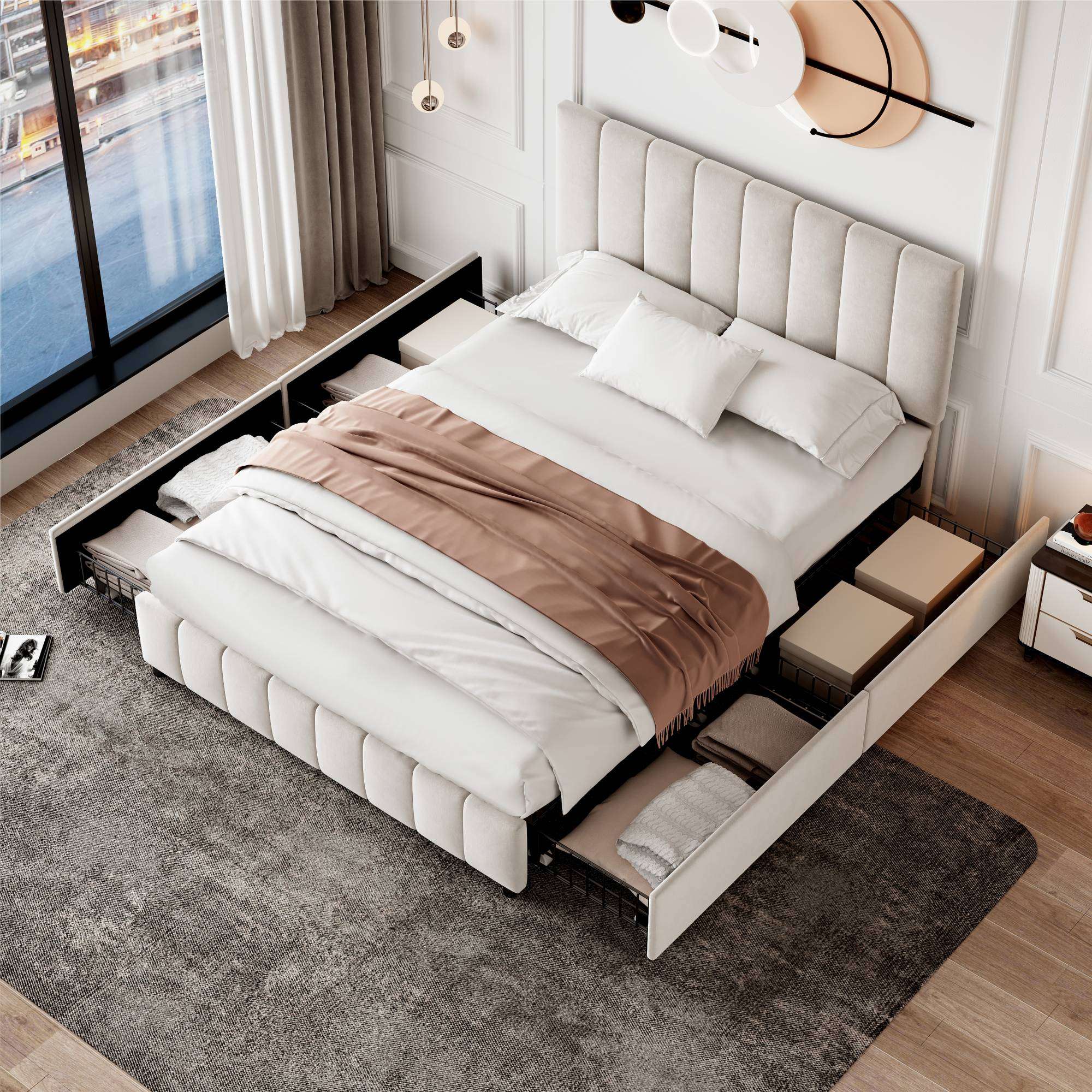 Beige Velvet Double Bed | 4 Storage Drawers & Tufted Headboard | 4ft6 | Premium Home Decor | OFIA HOME