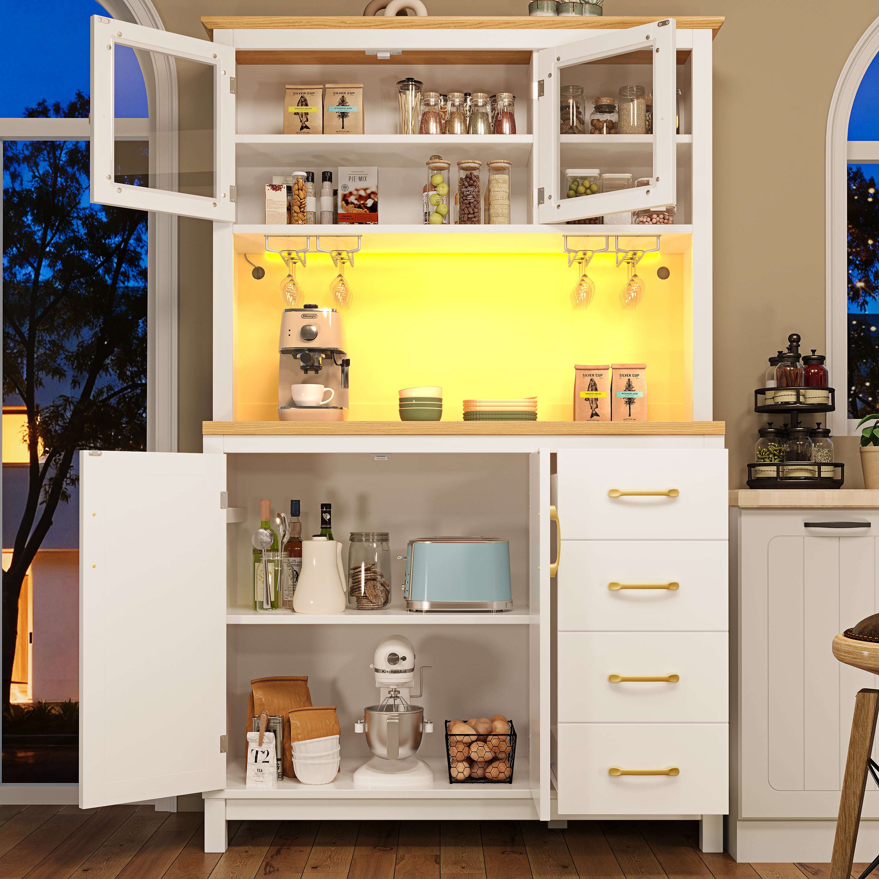 White Farmhouse Sideboard Cabinet with LED Strip – 4 Doors & Drink Holders, 180cm | Premium Home Decor | OFIA HOME