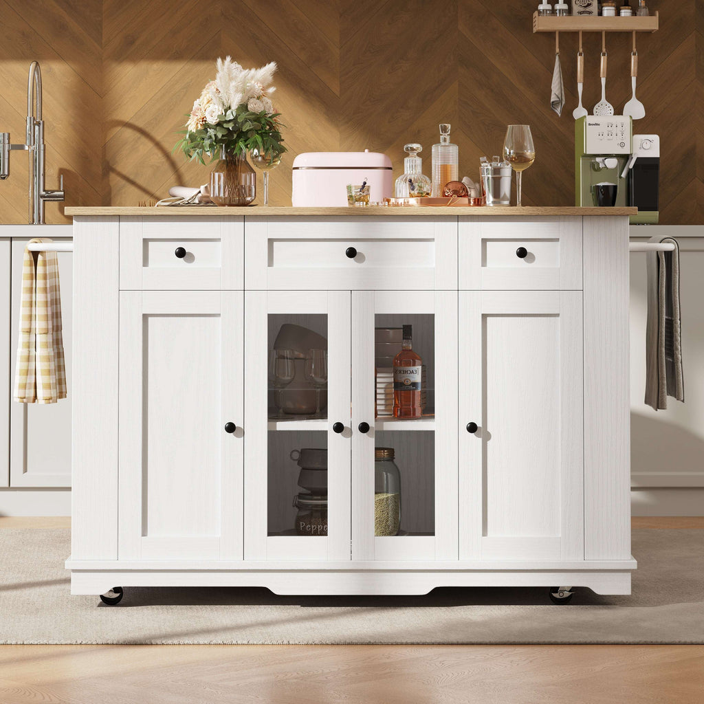 Large Kitchen Island with Tempered Glass & Storage — White/Black | Premium Home Decor | OFIA HOME