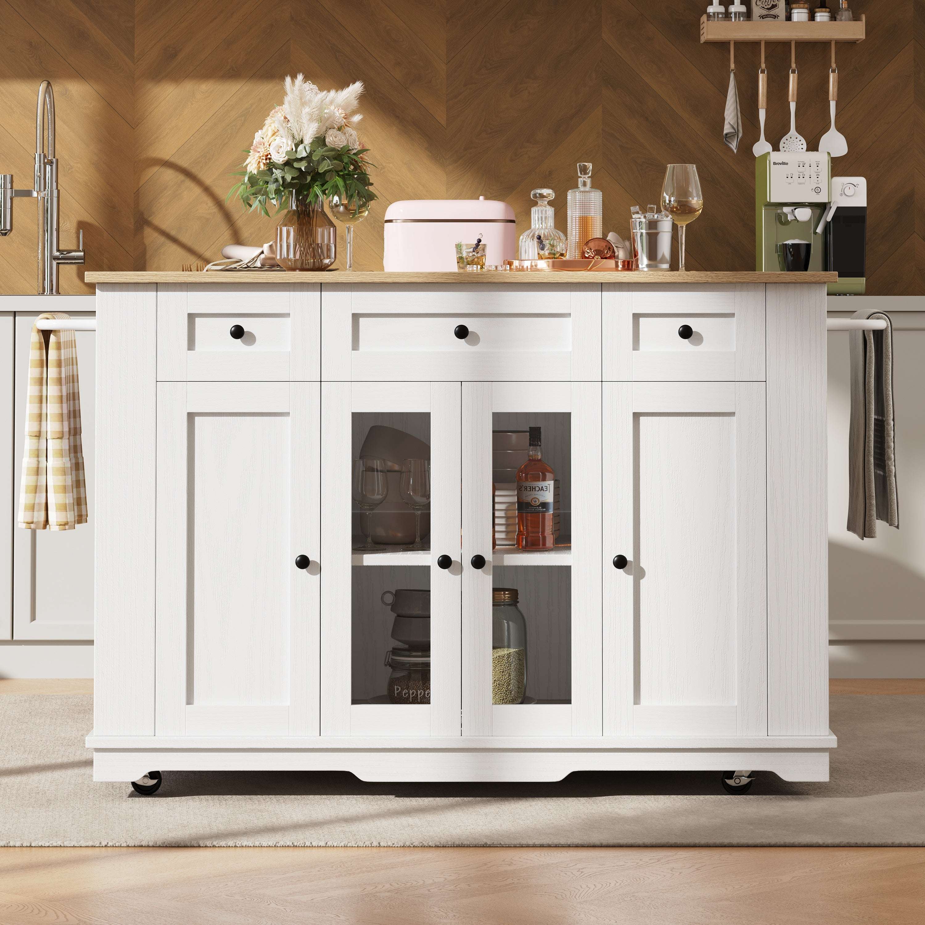Large Kitchen Island with Tempered Glass & Storage — White/Black | Premium Home Decor | OFIA HOME