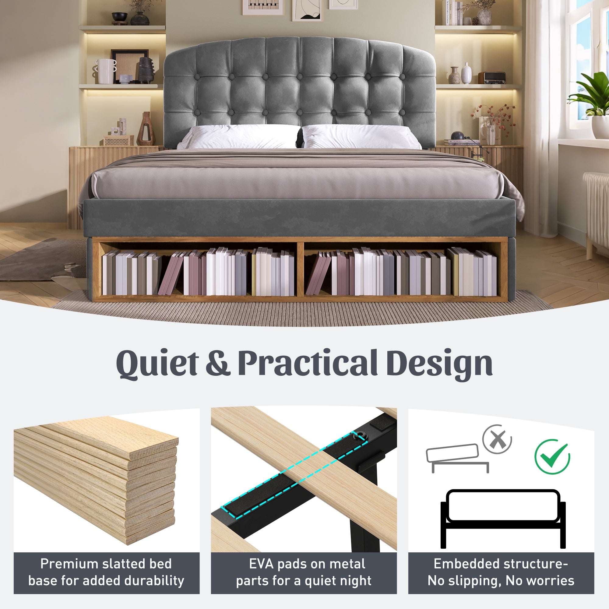 Grey Velvet King Bed | Storage Drawers & Adjustable Headboard | 5ft | Premium Home Decor | OFIA HOME