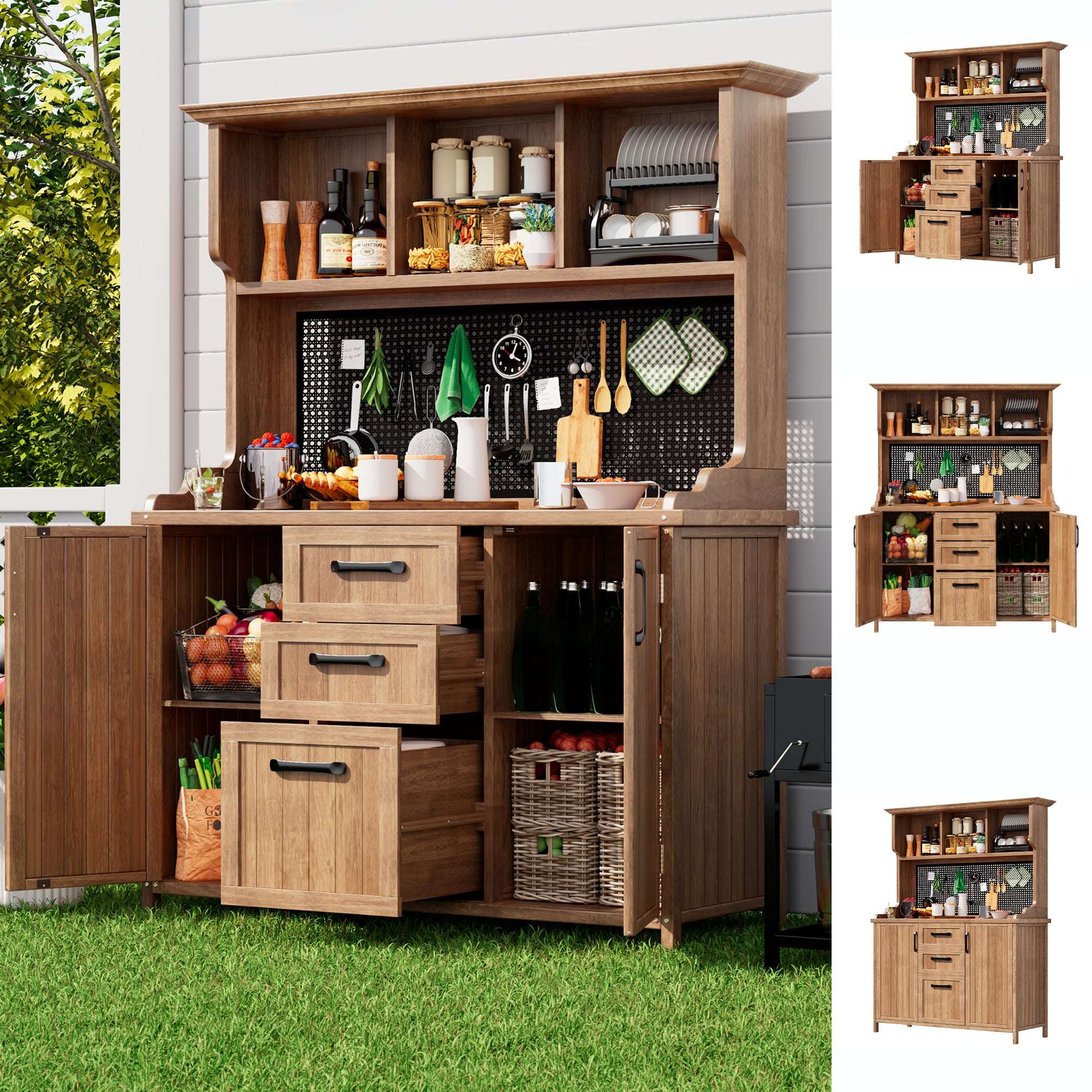 Wooden Garden Cabinet – Solid Fir Wood Tool Storage with Drawers, Compartments & Metal Pegboard | Premium Home Decor | OFIA HOME