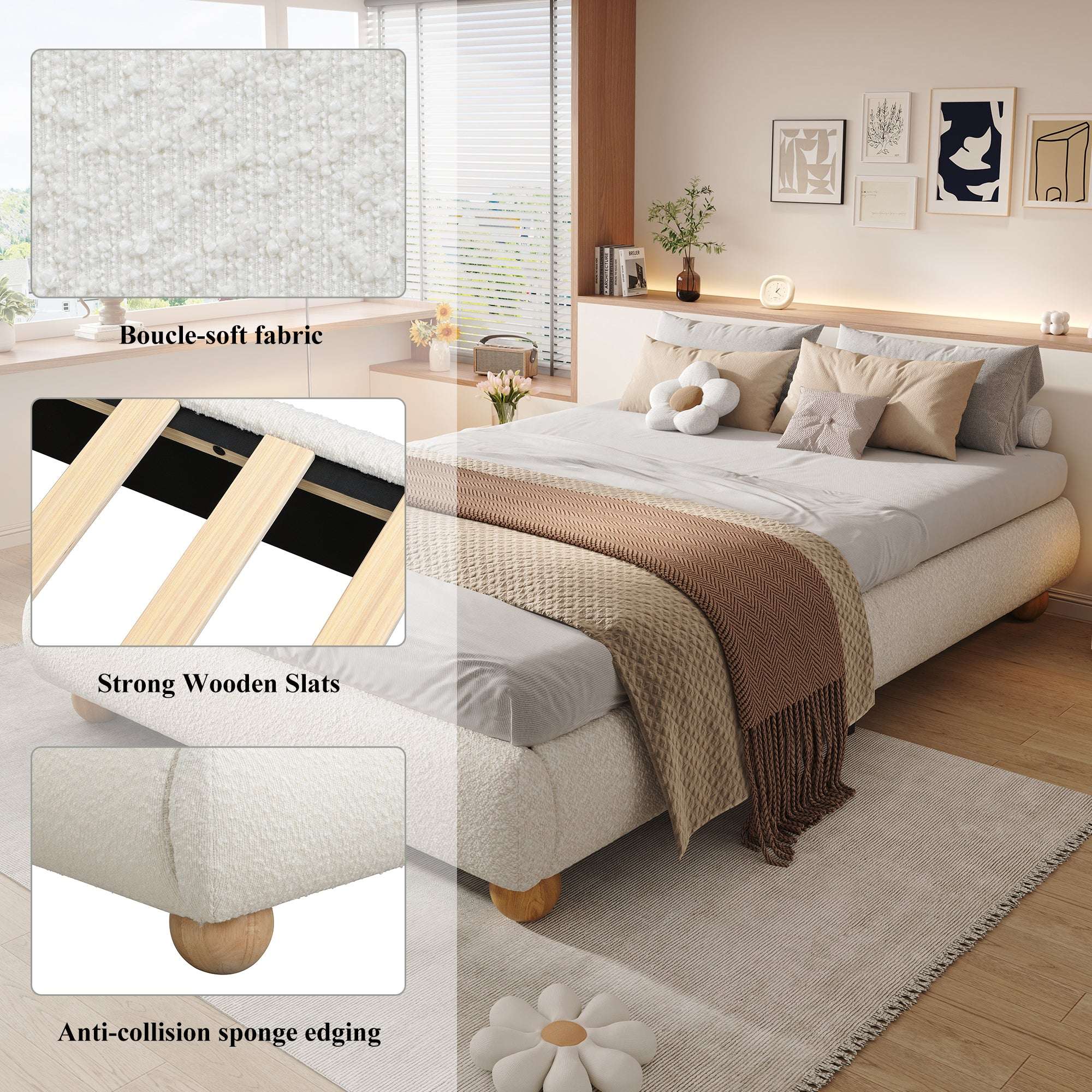 Boucle Upholstered Double Bed — Beige | Premium Home Decor | OFIA HOME