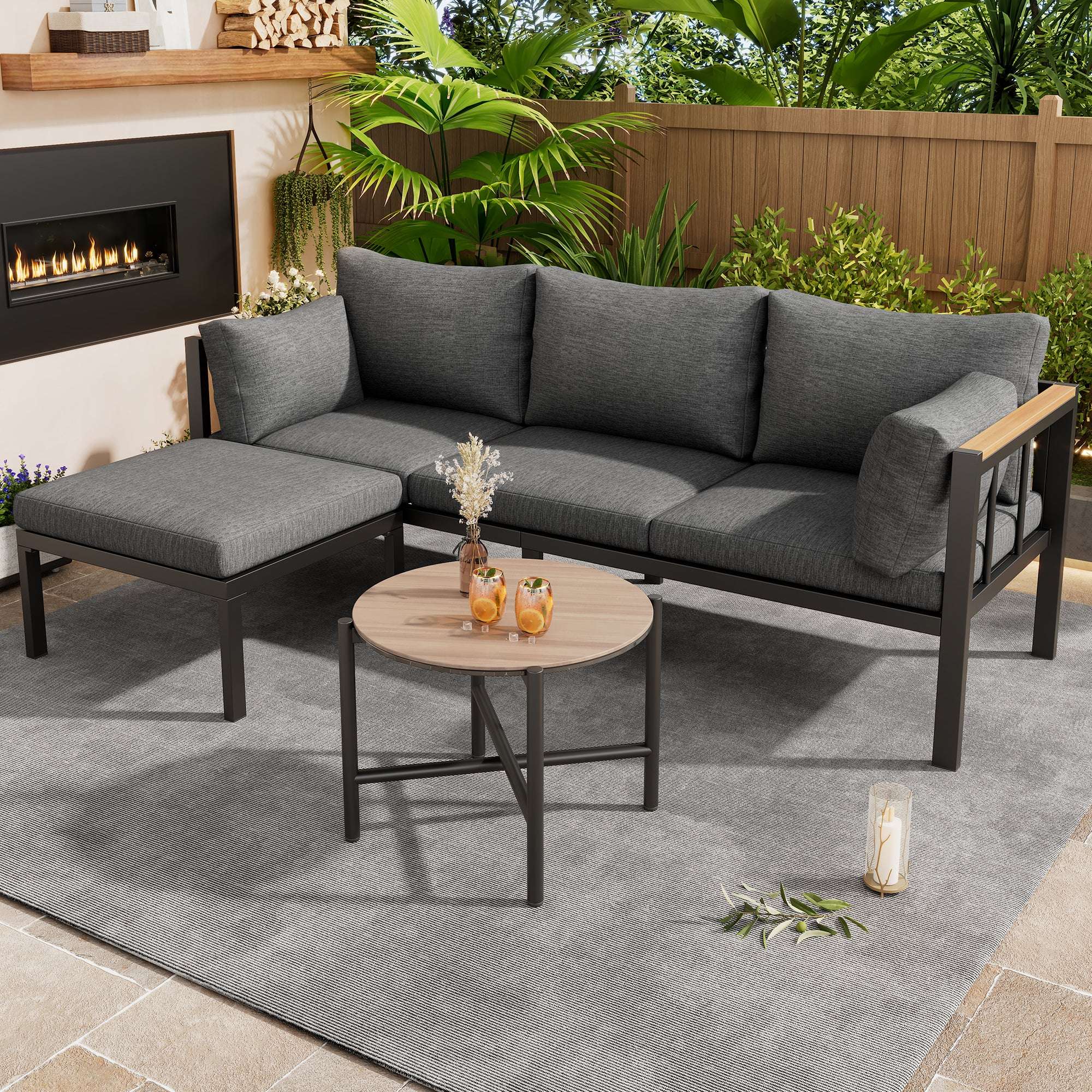 Corner Garden Sofa Set with Coffee Table & Footstool — Grey | Premium Home Decor | OFIA HOME