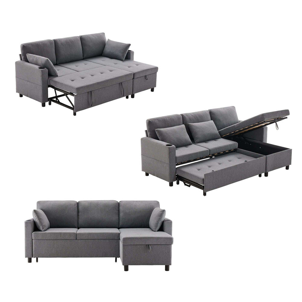 Grey L-Shaped Corner Sofa Bed | 3-Seater Pull-Out with Storage | Premium Home Decor | OFIA HOME
