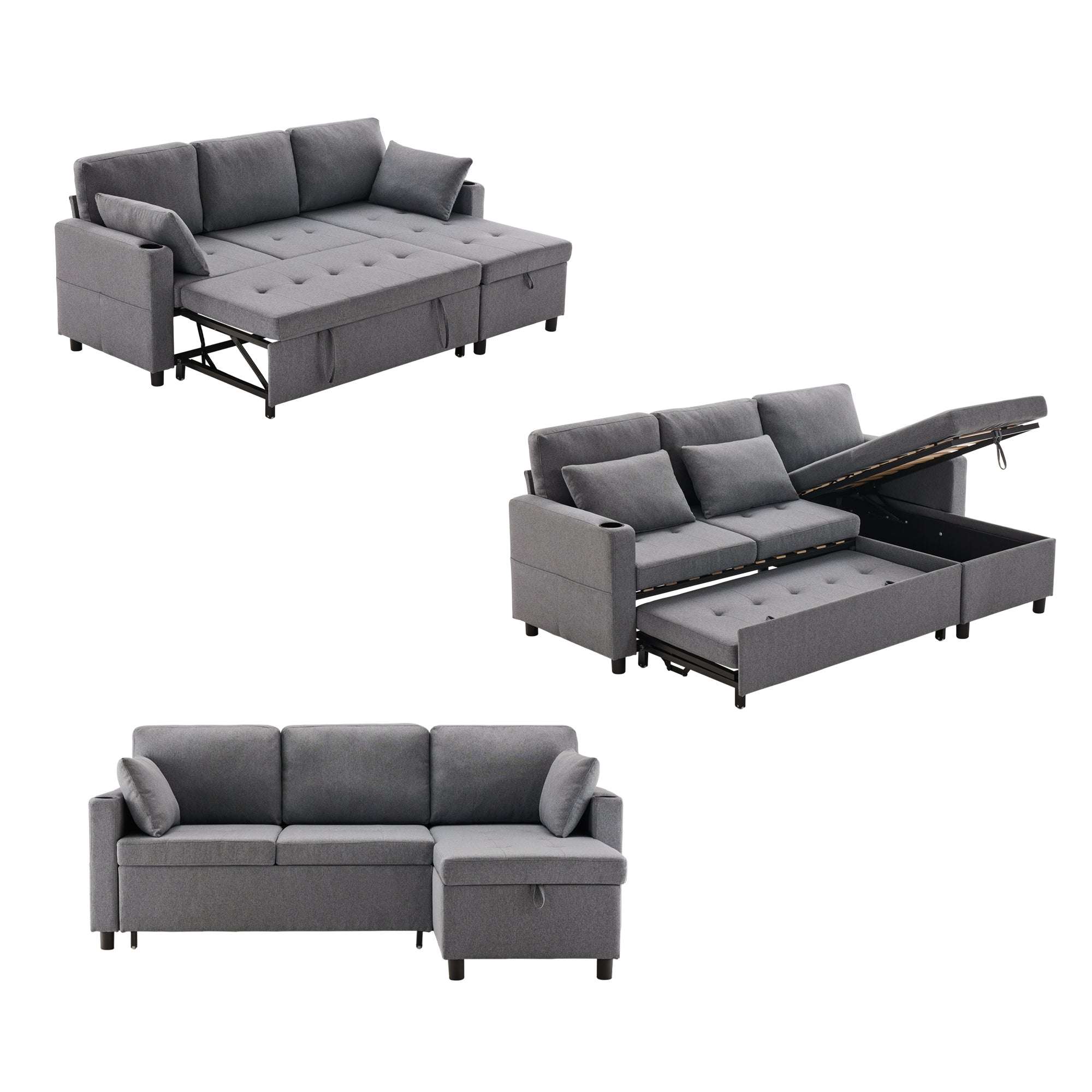 Grey L-Shaped Corner Sofa Bed | 3-Seater Pull-Out with Storage | Premium Home Decor | OFIA HOME