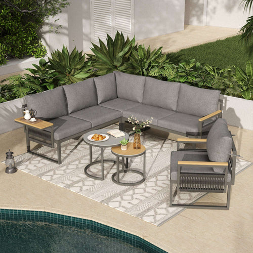 5-6 Seater Rope Woven Garden Lounge Set | Corner Sofa, Armchair & 2 Nesting Coffee Tables | Grey | Premium Home Decor | OFIA HOME