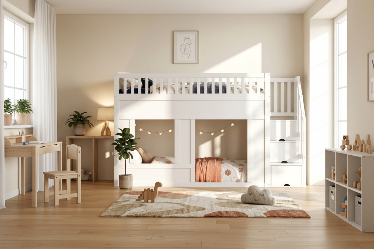 White Bunk Bed with Storage Stairs & Play Area